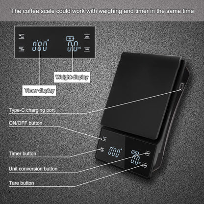 bemece Digital Coffee Scales with Timer,0.1g/3KG High Precision Kitchen Scale with Large LED Display,Waterproof Electronic Espresso coffee Weighing Scales(Type C charging cable)