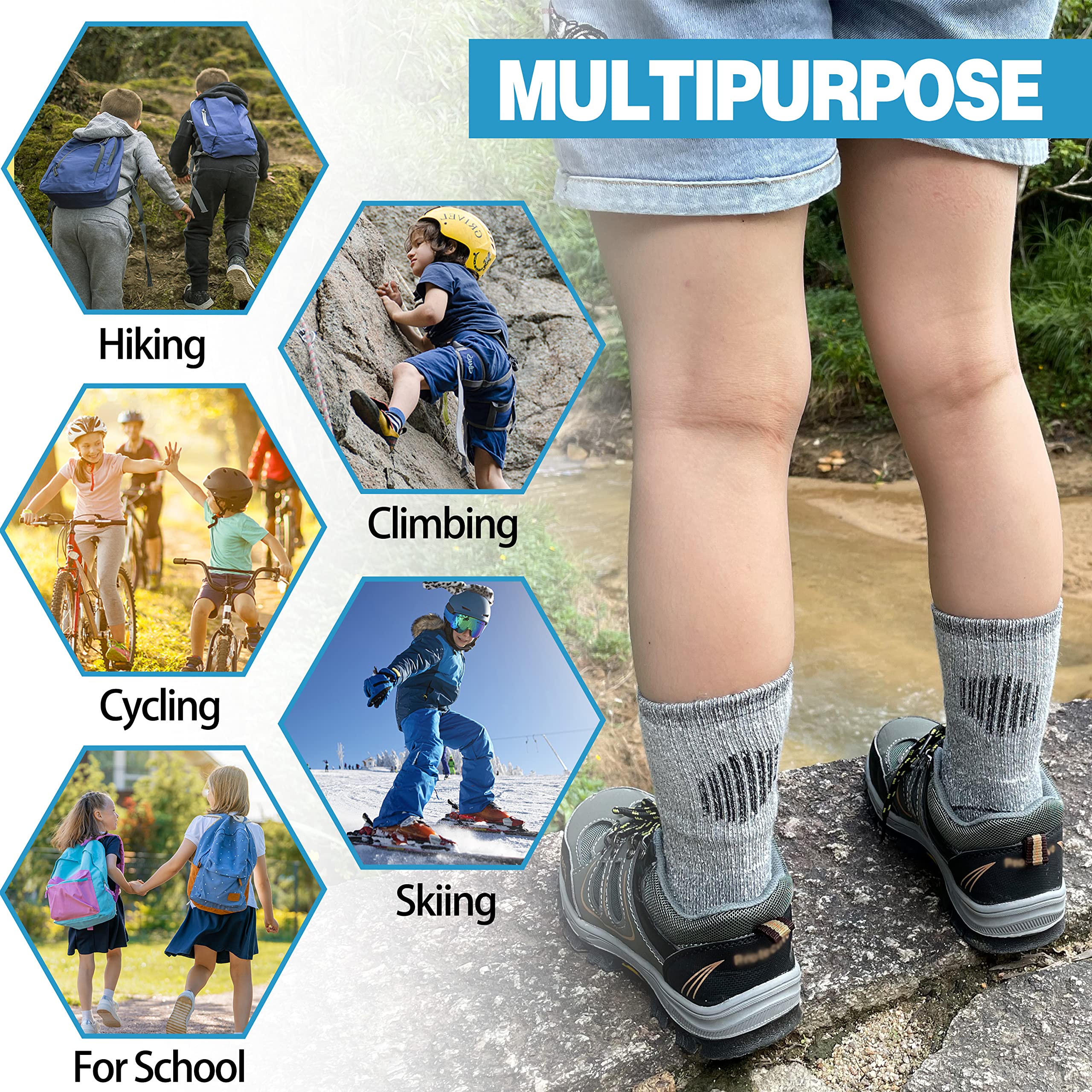 Kids Merino Wool Hiking Socks - 6 Pairs Thermal Winter Crew Socks For Boys & Girls