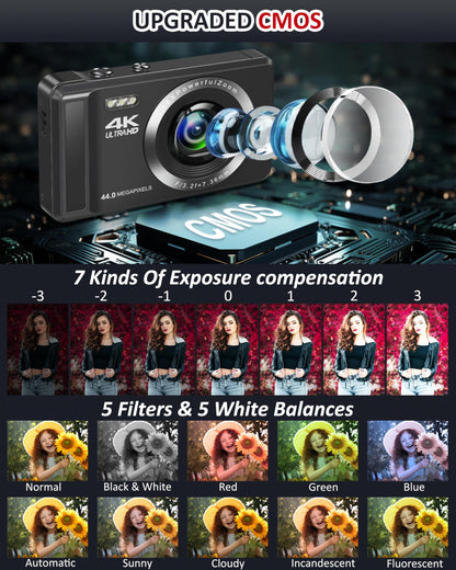 4K Digital Camera 44MP Autofocus - Compact Camera with 32G SD Card & 2 Batteries 16X Digital Zoom Portable Digital Camera for Kids Teen Students Seniors Beginner
