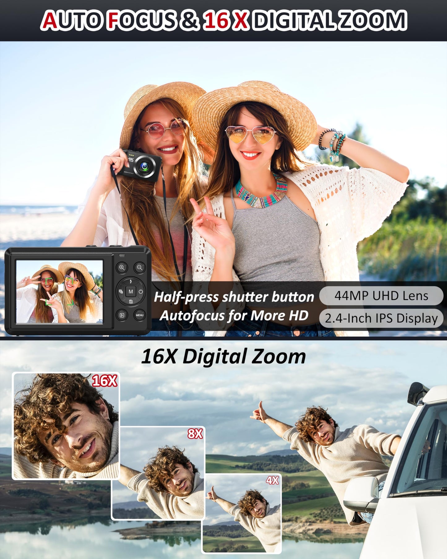 4K Digital Camera 44MP Autofocus - Compact Camera with 32G SD Card & 2 Batteries 16X Digital Zoom Portable Digital Camera for Kids Teen Students Seniors Beginner