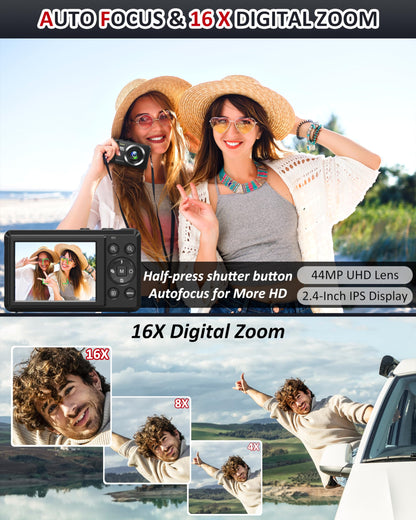 4K Digital Camera 44MP Autofocus - Compact Camera with 32G SD Card & 2 Batteries 16X Digital Zoom Portable Digital Camera for Kids Teen Students Seniors Beginner