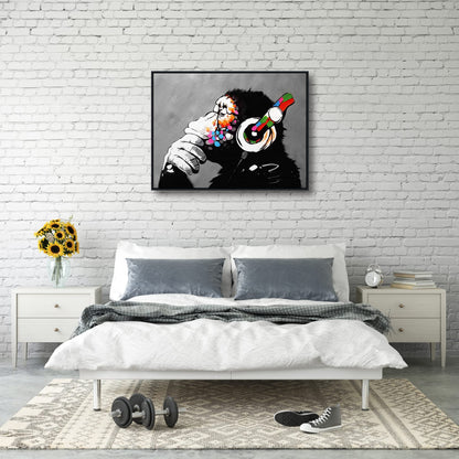 - Large Black Framed Monkey With Headphones Banksy