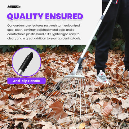 - Munnie 38-63 inch Garden Rake | Adjustable Soil Rake with 25 tines | Moss Rake for Quick Clean Up -