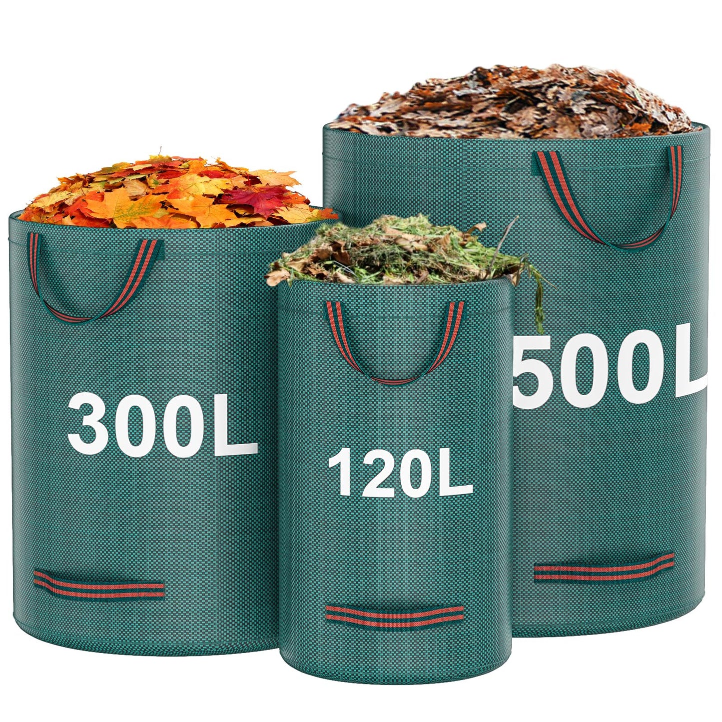 3 Sacks Garden Waste Bags Heavy Duty, Green Garden Waste Sacks Reusable, Industrial Fabric and Handles, Garden Refuse Rubbish Bag, Ideal for Collecting Plant waste grass and Leaves (500L*300L*120L)
