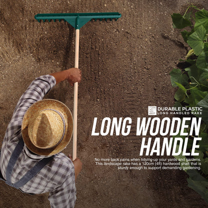 70cm Large Garden Rake with Long Wooden Handle, 16-Teeth Durable Plastic Rake with a Built-in Flat Piece for Soil Leveling, Traditional Grass Rake for Leaves, and Lawn Rake for Gardening & Landscaping