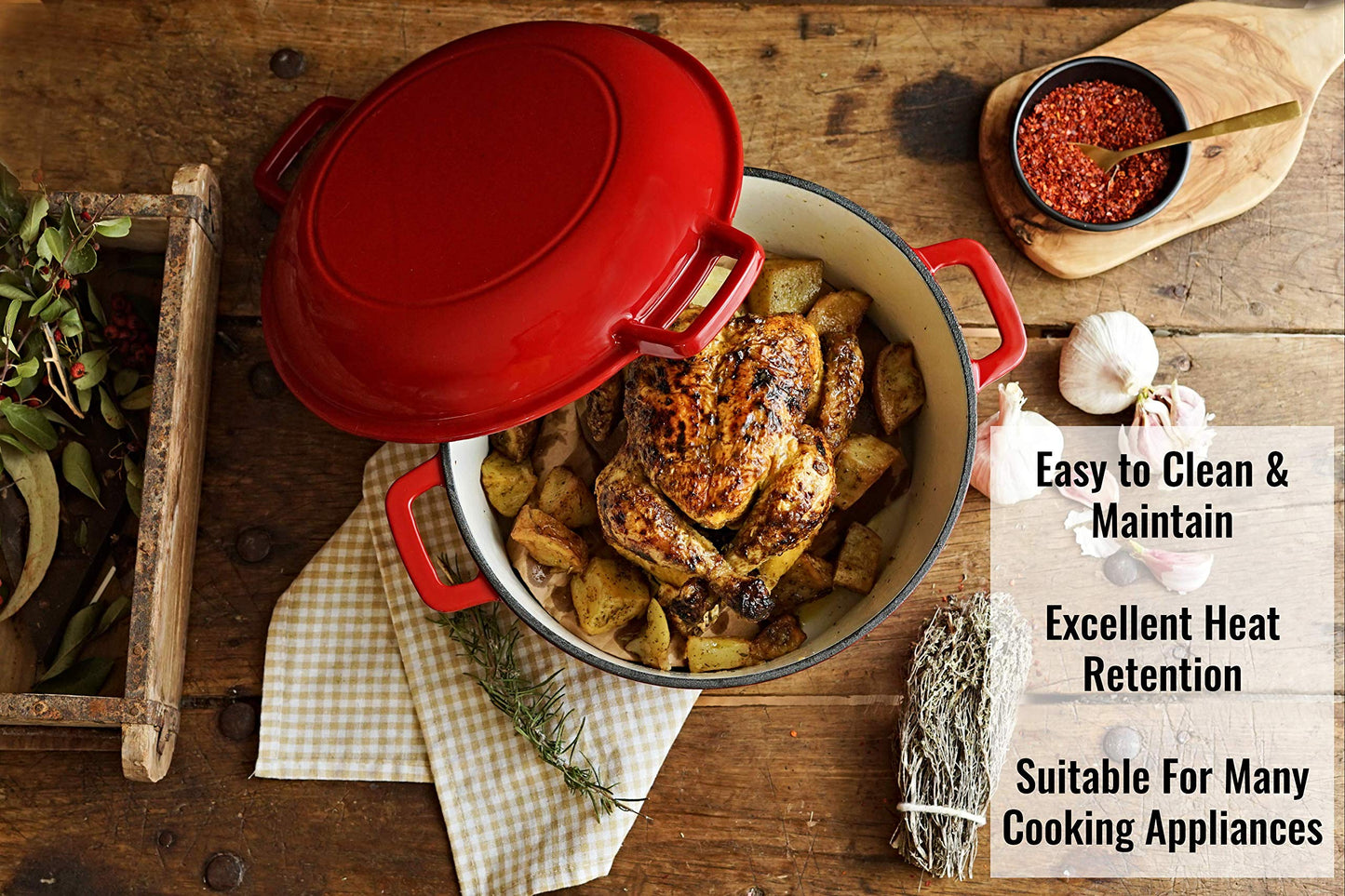 - Pinnacle Cookware  | 4.73 Litre / 5 Quart Enameled Red Cast Iron Double Dutch Oven -