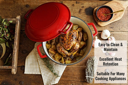 - Pinnacle Cookware  | 4.73 Litre / 5 Quart Enameled Red Cast Iron Double Dutch Oven -