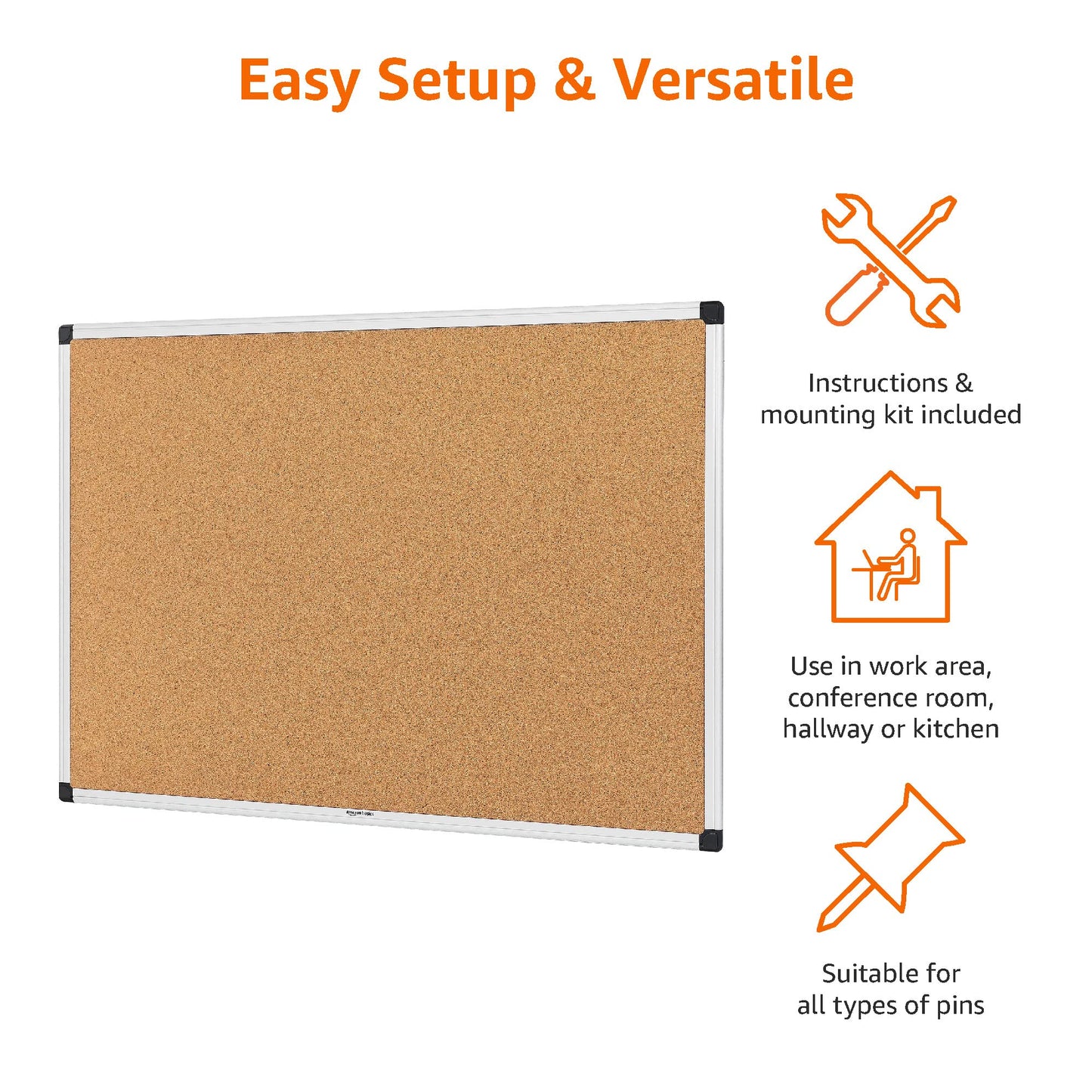 Amazon Basics Aluminum Frame Cork Notice Rectangular Board, 90cm x 60cm, Silver