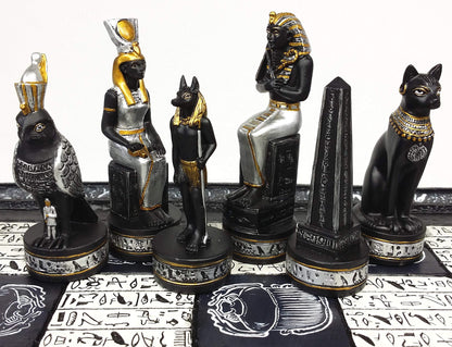 - HPL Egyptian Anubis Chess Set Black Silver and Gold Men | 16" Hieroglyphic Board -