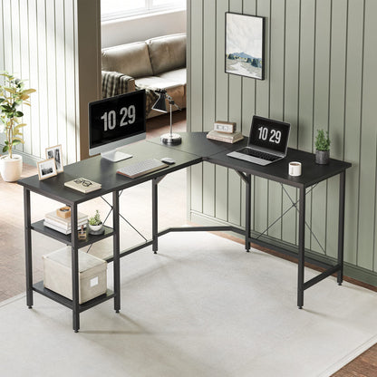 CubiCubi L Shaped Computer Desk, 150 cm Industrial Office Desk with Storage Shelves, White Wood and Metal Corner Desk for Home Office, Black
