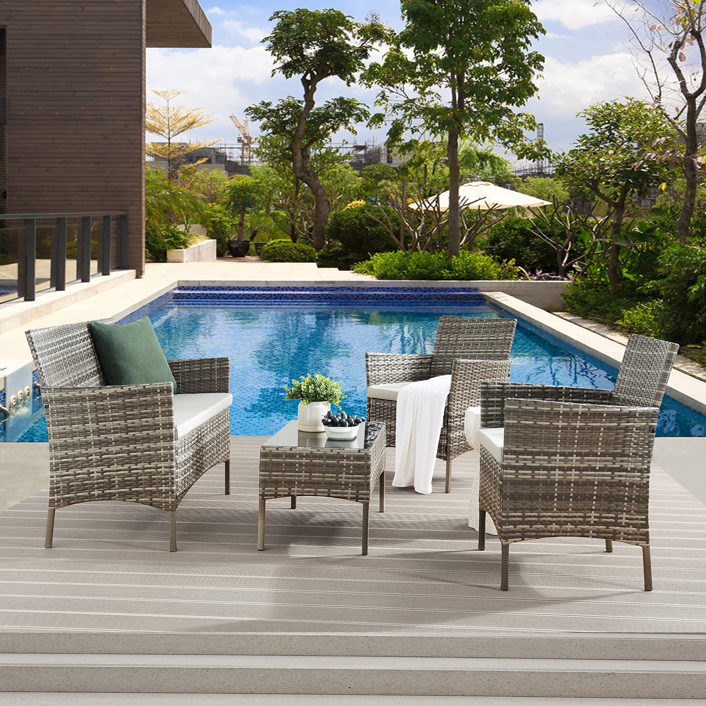- TMEE Rattan Garden Outdoor Furniture Set | 4 Seaters Patio Conversation -