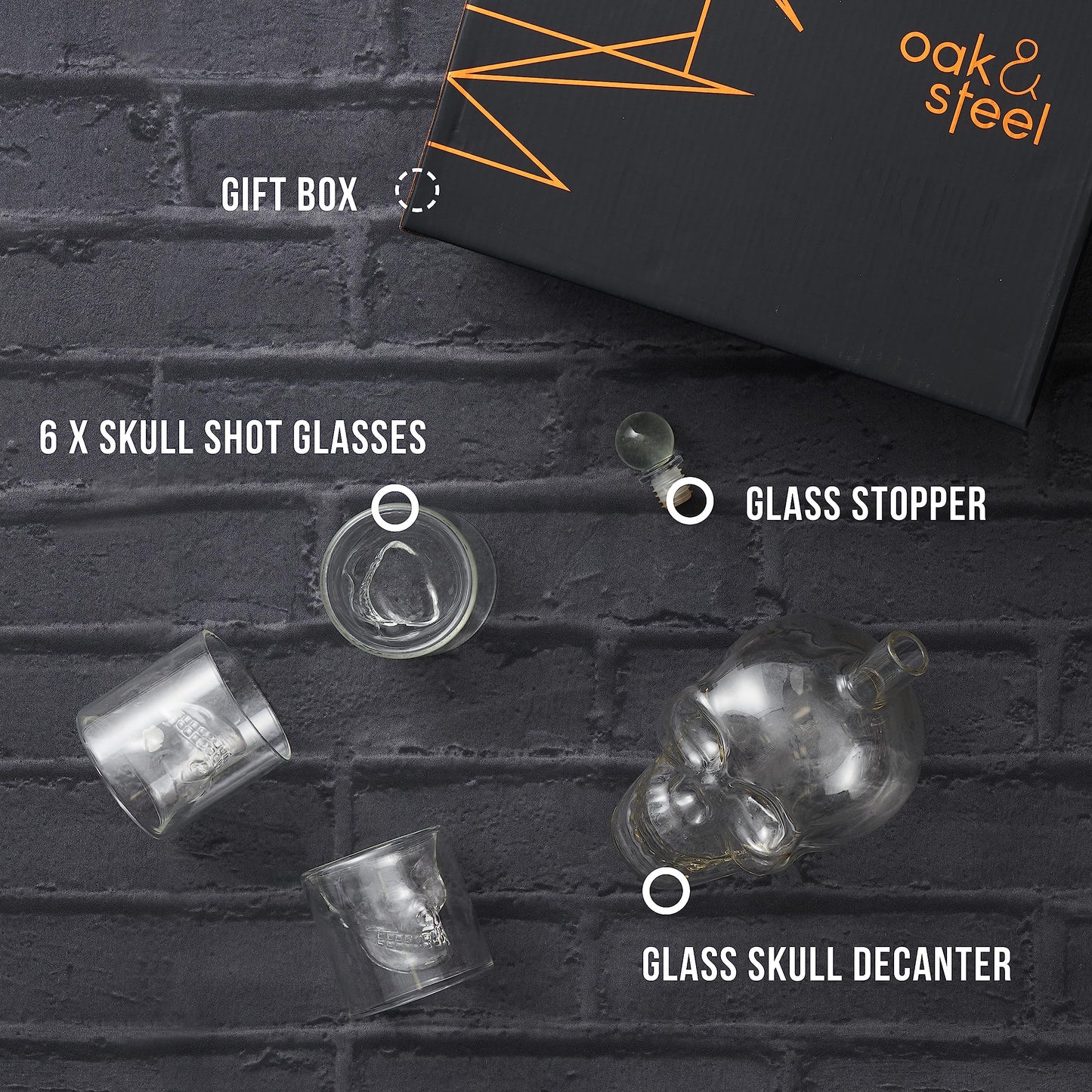 - Oak & Steel | Skull Glass Decanter | 6 Skull Glass Shot Glasses -