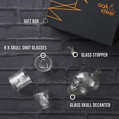- Oak & Steel | Skull Glass Decanter | 6 Skull Glass Shot Glasses -