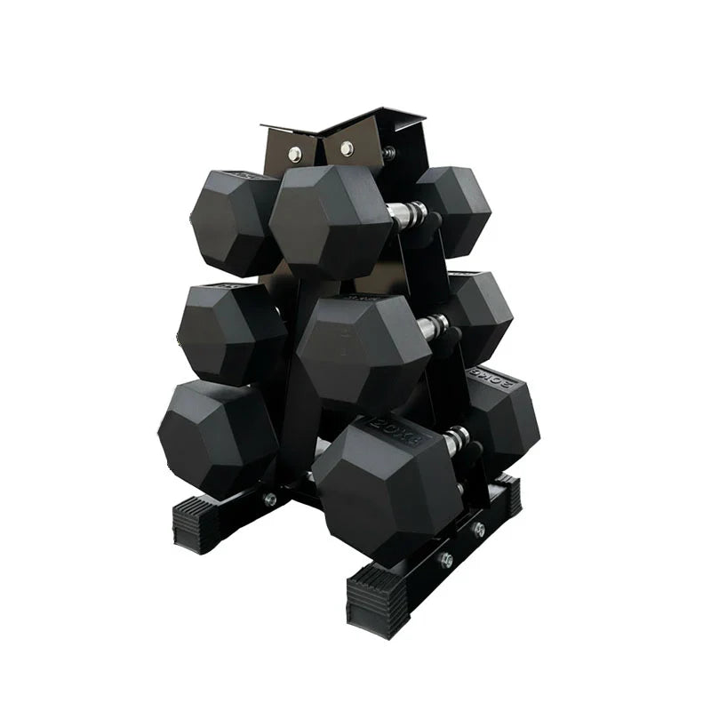 Hex Dumbbell Set with 3-Tier Tree Rack & Optional Bench – Rubber Coated Anti-Roll Weights for Home Gym
