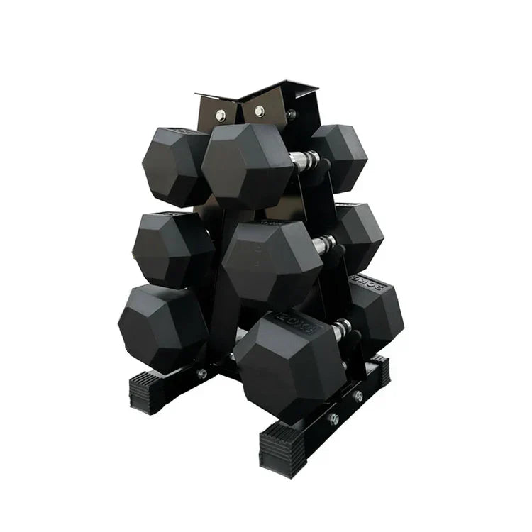 Hex Dumbbell Set with 3-Tier Tree Rack & Optional Bench – Rubber Coated Anti-Roll Weights for Home Gym