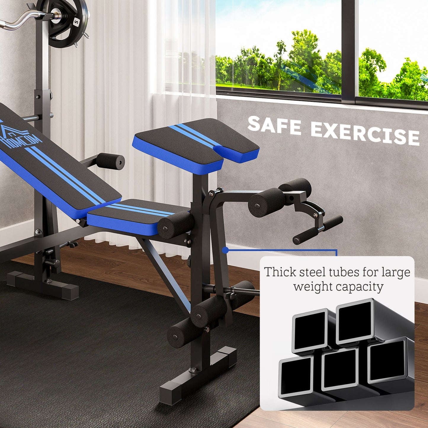 HOMCOM Adjustable Weight Bench with Leg Developer Barbell Rack for Weight Lifting and Strength Training Multifunctional Workout Station for Home Gym Fitness, Blue