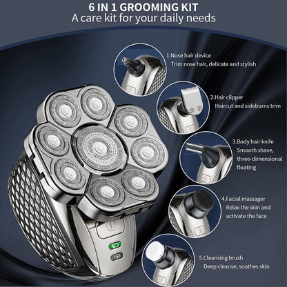 9 Knife Head Multifunctional USB Shaver Full Body Water Washing Shaver Men Hair Bald, 6 In 1