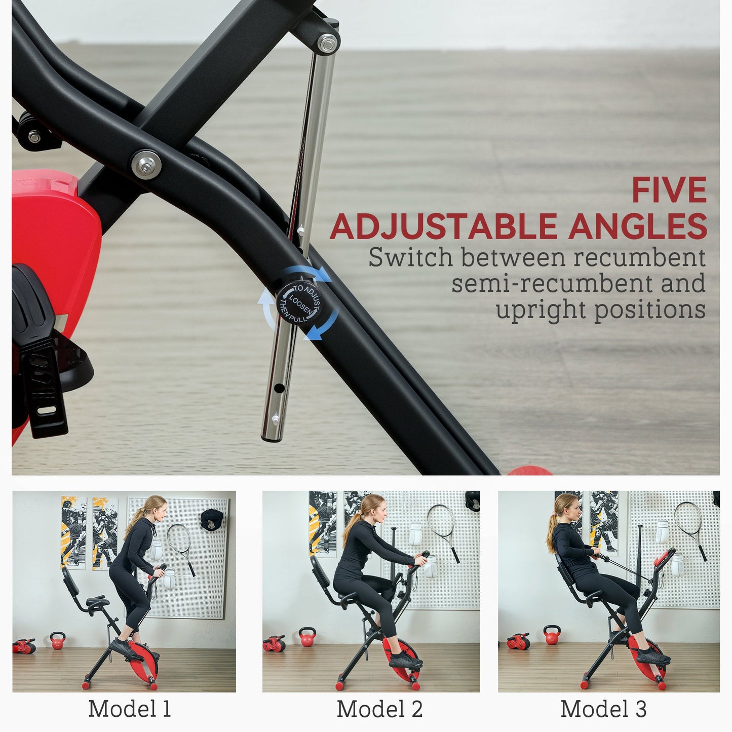 SPORTNOW Folding Exercise Bike with Arm Bands and Hand Pulse Sensor, Red